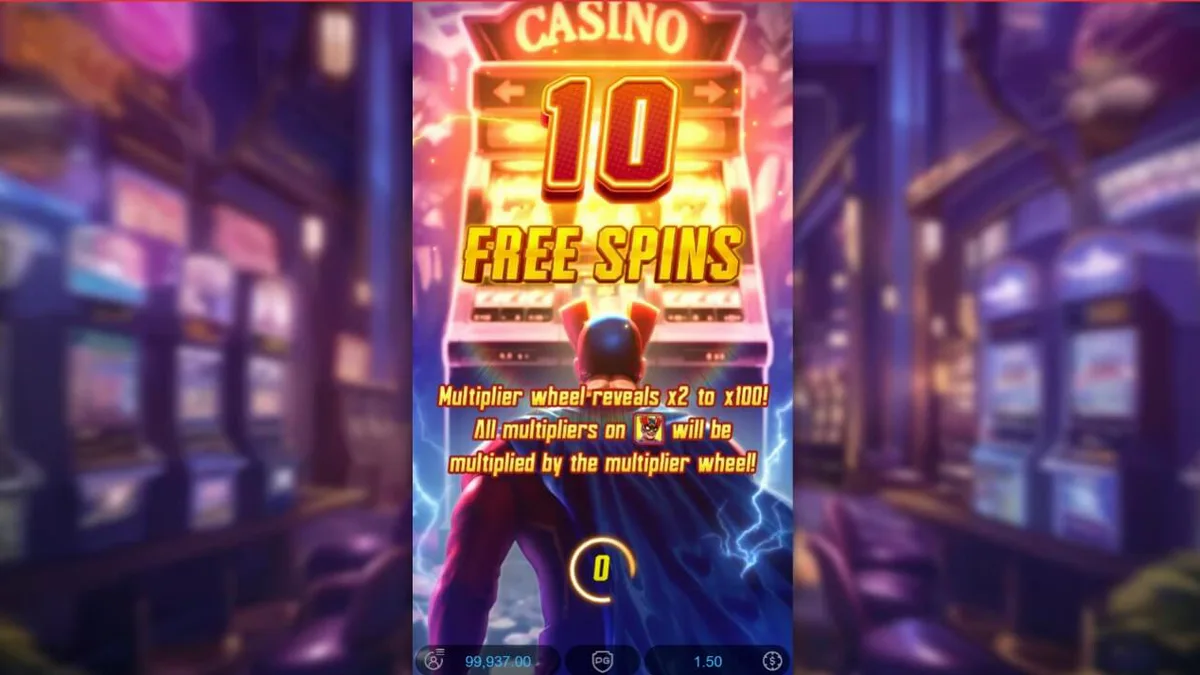 Interface do jogo Super Wildrix com tema de super-herói e luzes neon
