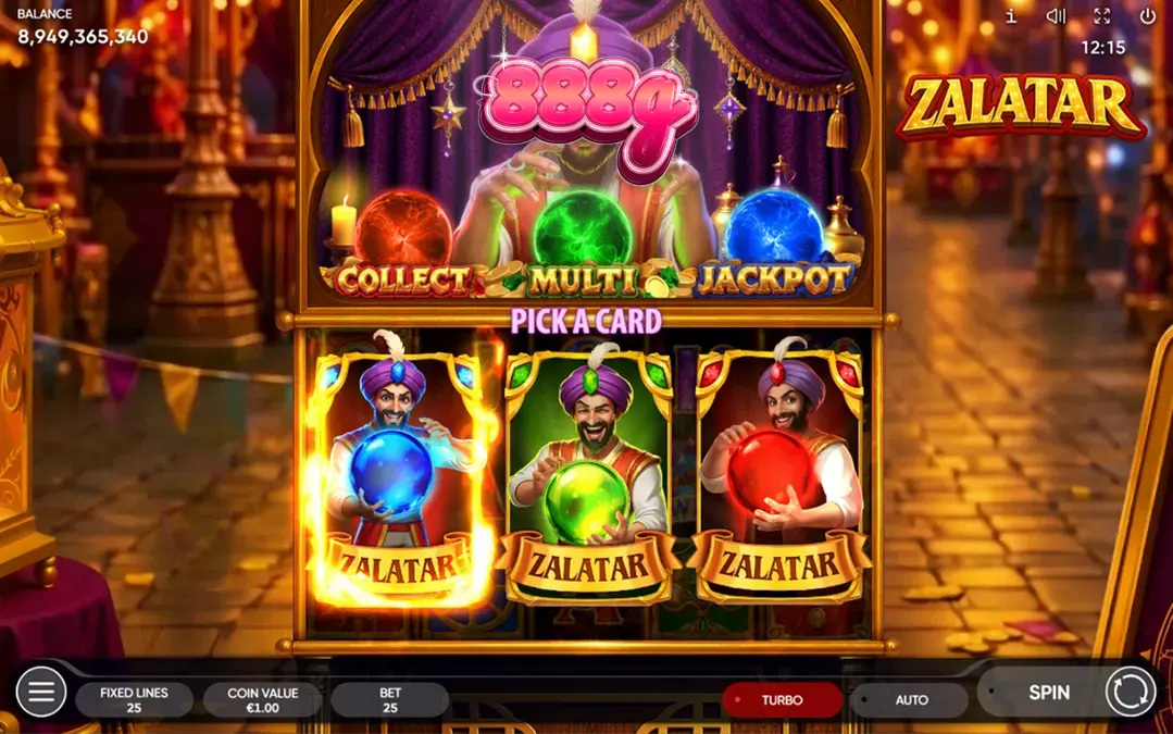 Imagem do jogo de slot Zalatar da Endorphina, com símbolos de adivinhação e orbes coloridos.